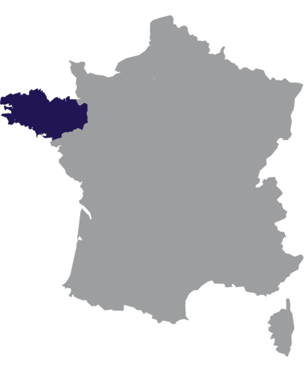 Landkaart Frankrijk grijs met regio Bretagne donkerblauw op transparante achtergrond - 600 * 733 pixels
